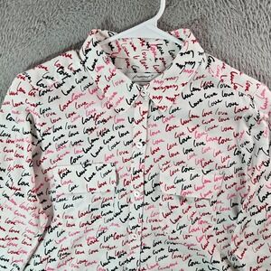 Foxcroft Shirt Women Size 8  LOVE Print Button Up Long Sleeve White‎